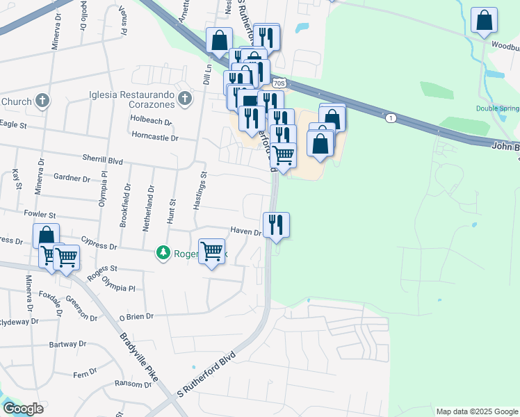map of restaurants, bars, coffee shops, grocery stores, and more near 2411 Haven Drive in Murfreesboro