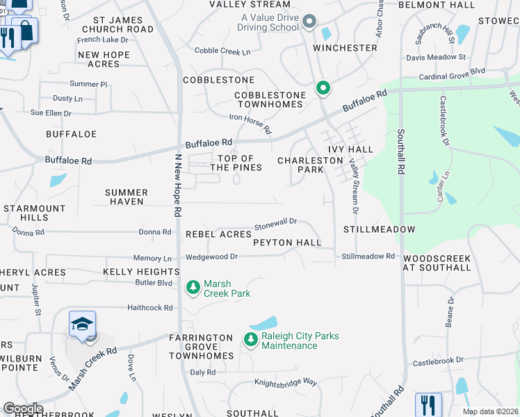 map of restaurants, bars, coffee shops, grocery stores, and more near 4439 Stonewall Drive in Raleigh