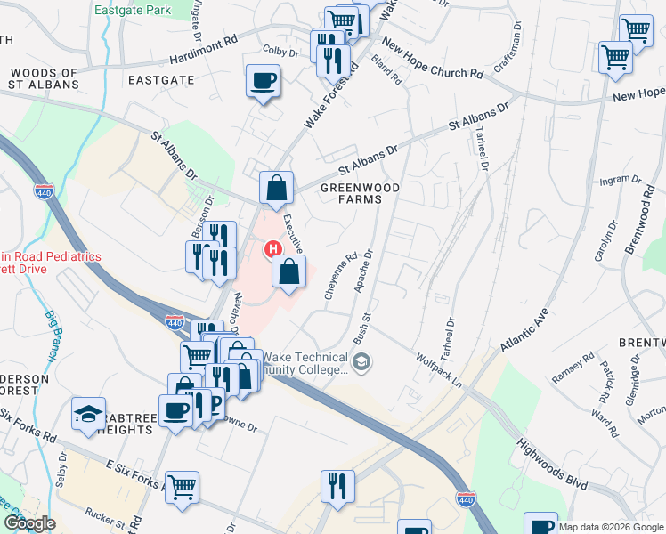 map of restaurants, bars, coffee shops, grocery stores, and more near 3420 Cheyenne Road in Raleigh