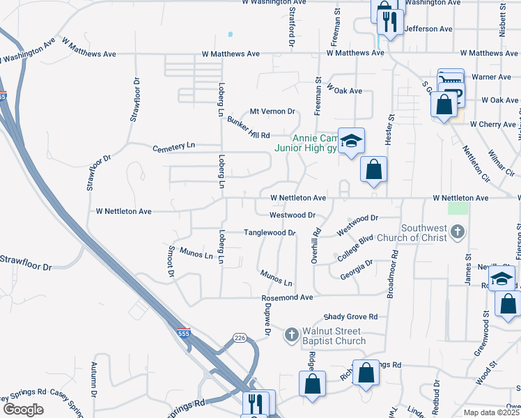 map of restaurants, bars, coffee shops, grocery stores, and more near 2007 Westwood Drive in Jonesboro