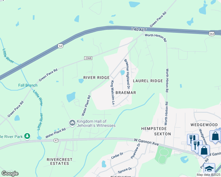 map of restaurants, bars, coffee shops, grocery stores, and more near 2316 King Malcolm Lane in Zebulon