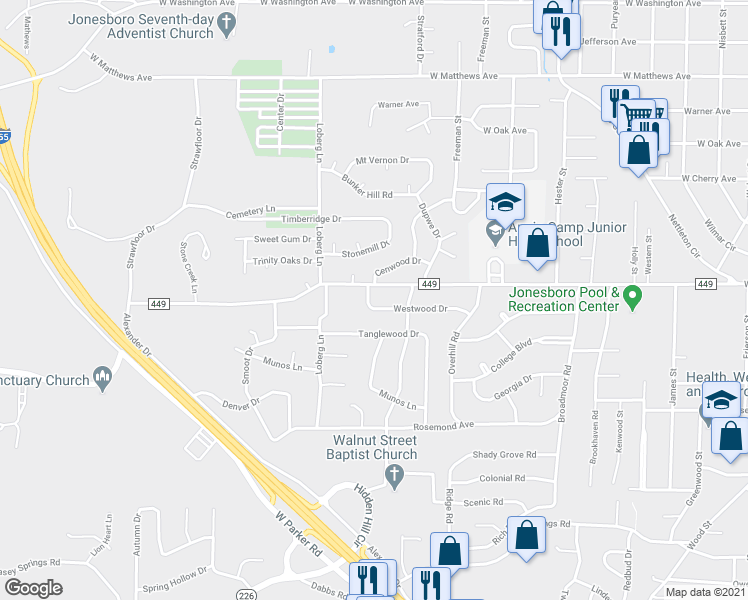 map of restaurants, bars, coffee shops, grocery stores, and more near 1406 Elmdale Place in Jonesboro