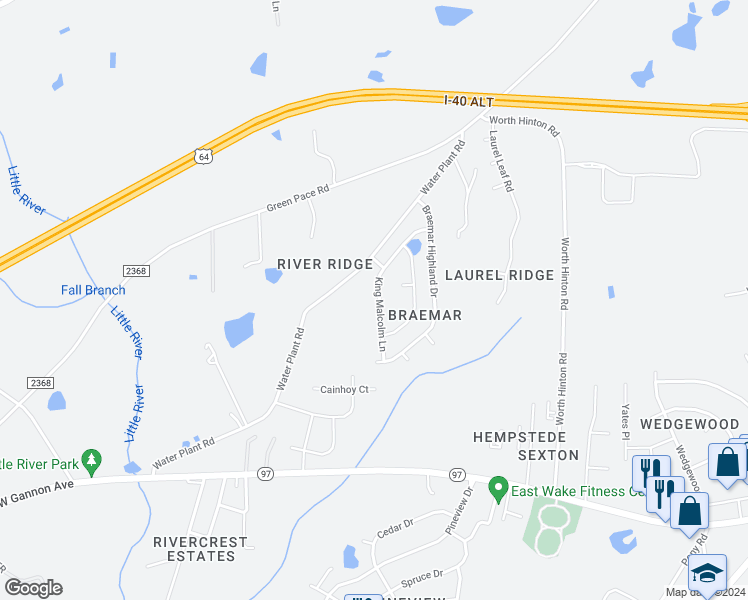map of restaurants, bars, coffee shops, grocery stores, and more near 2316 King Malcolm Lane in Zebulon