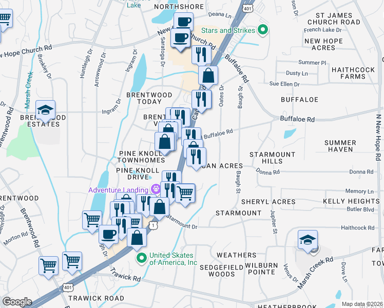 map of restaurants, bars, coffee shops, grocery stores, and more near 3520 Capital Boulevard in Raleigh