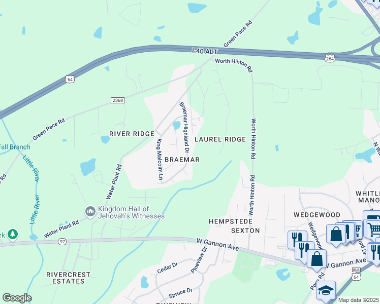 map of restaurants, bars, coffee shops, grocery stores, and more near 1225 Braemar Highland Drive in Zebulon