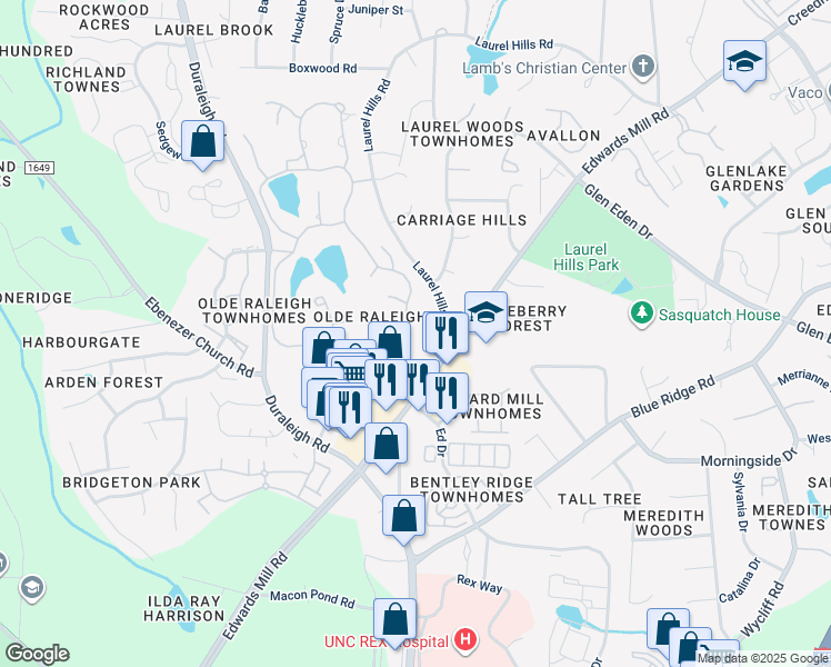 map of restaurants, bars, coffee shops, grocery stores, and more near 3804 City of Oaks Wynd in Raleigh
