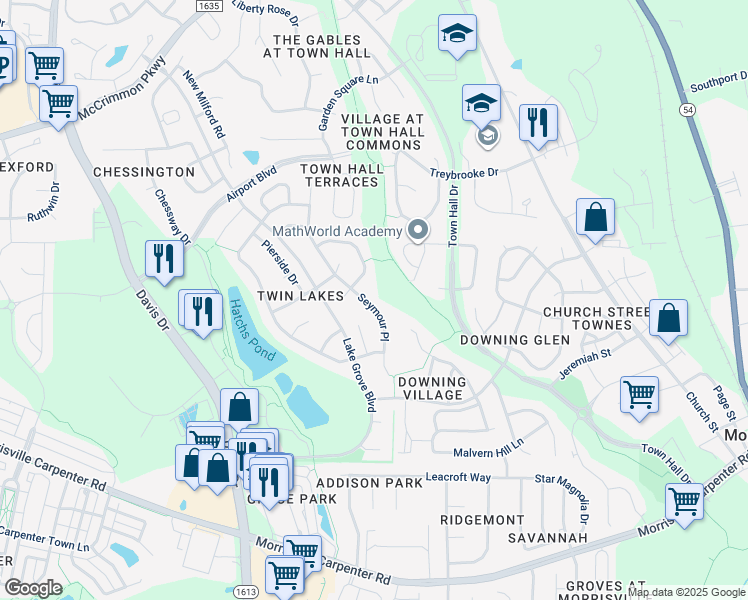 map of restaurants, bars, coffee shops, grocery stores, and more near 221 Seymour Place in Cary