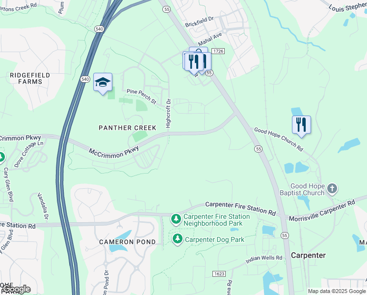 map of restaurants, bars, coffee shops, grocery stores, and more near 18303 Foresight Drive in Cary
