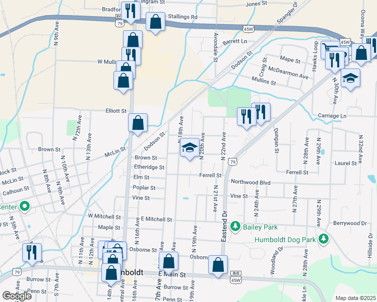 map of restaurants, bars, coffee shops, grocery stores, and more near 1811 Ferrell Street in Humboldt