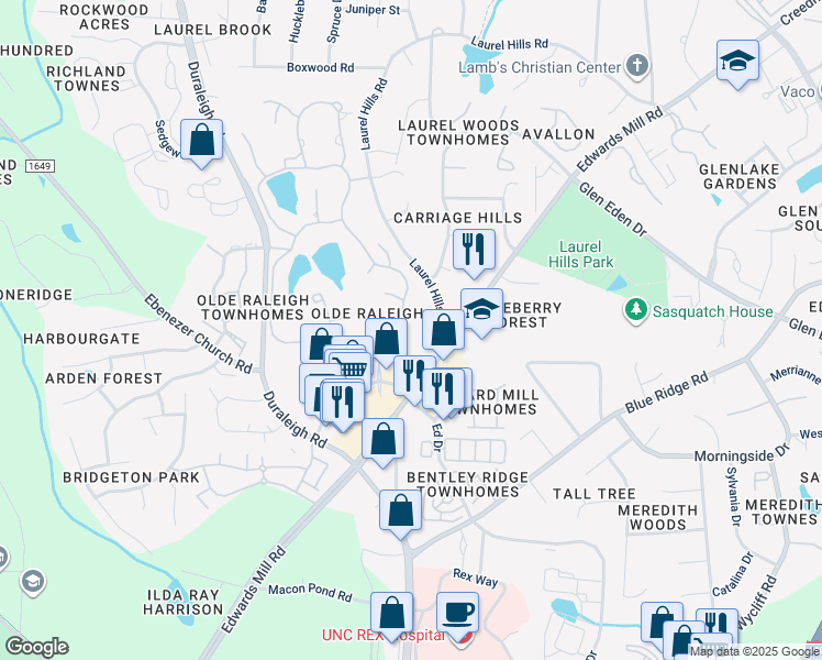 map of restaurants, bars, coffee shops, grocery stores, and more near 3804 City of Oaks Wynd in Raleigh