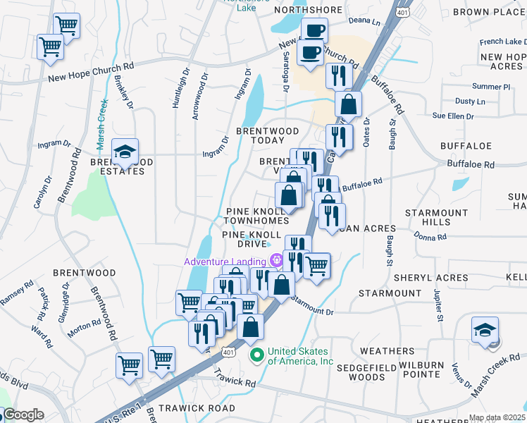map of restaurants, bars, coffee shops, grocery stores, and more near 3508 Landsman Drive in Raleigh