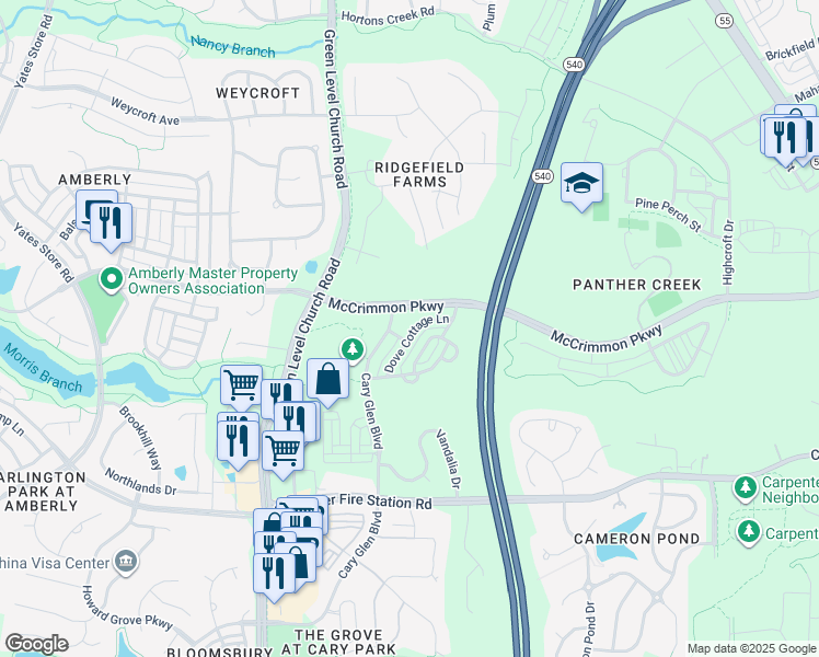 map of restaurants, bars, coffee shops, grocery stores, and more near 141 Dove Cottage Lane in Cary