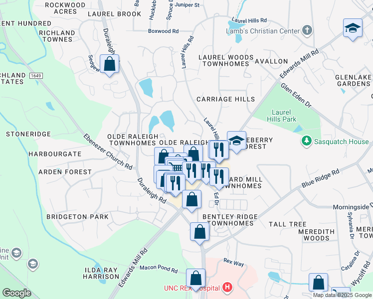 map of restaurants, bars, coffee shops, grocery stores, and more near 3717 City of Oaks Wynd in Raleigh