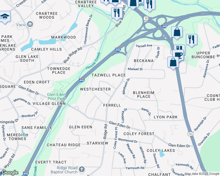 map of restaurants, bars, coffee shops, grocery stores, and more near 2601 Ridge Road in Raleigh