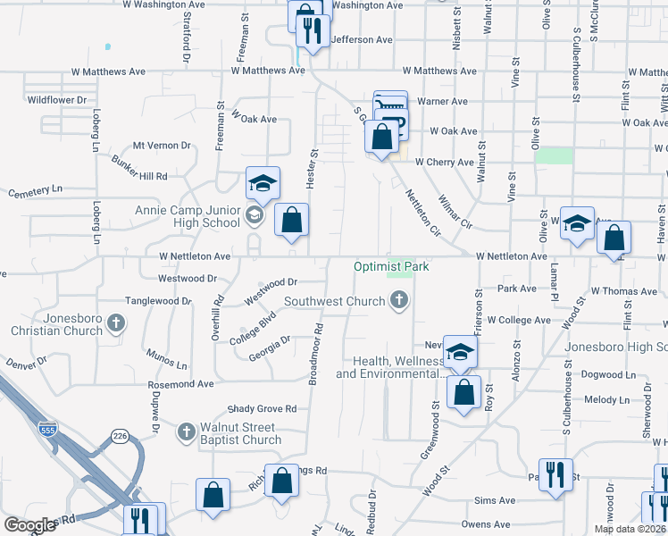 map of restaurants, bars, coffee shops, grocery stores, and more near 1500 Broadmoor Road in Jonesboro