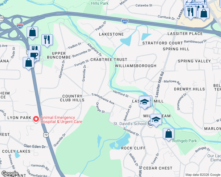 map of restaurants, bars, coffee shops, grocery stores, and more near 507 Hertford Street in Raleigh