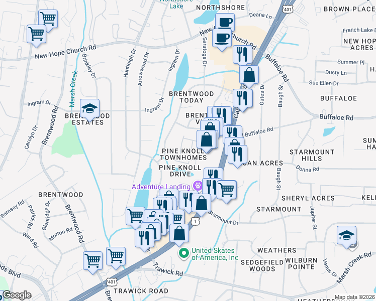 map of restaurants, bars, coffee shops, grocery stores, and more near 3508 Landsman Drive in Raleigh
