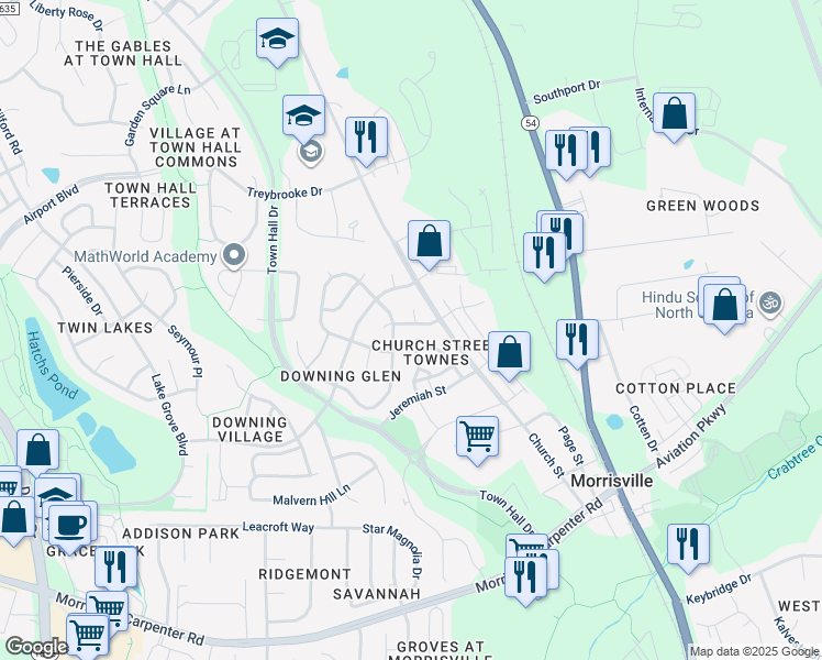 map of restaurants, bars, coffee shops, grocery stores, and more near 201 Taylor Glen Drive in Morrisville