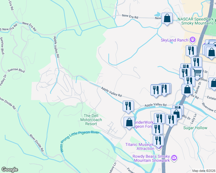 map of restaurants, bars, coffee shops, grocery stores, and more near 401 Apple Valley Road in Sevierville