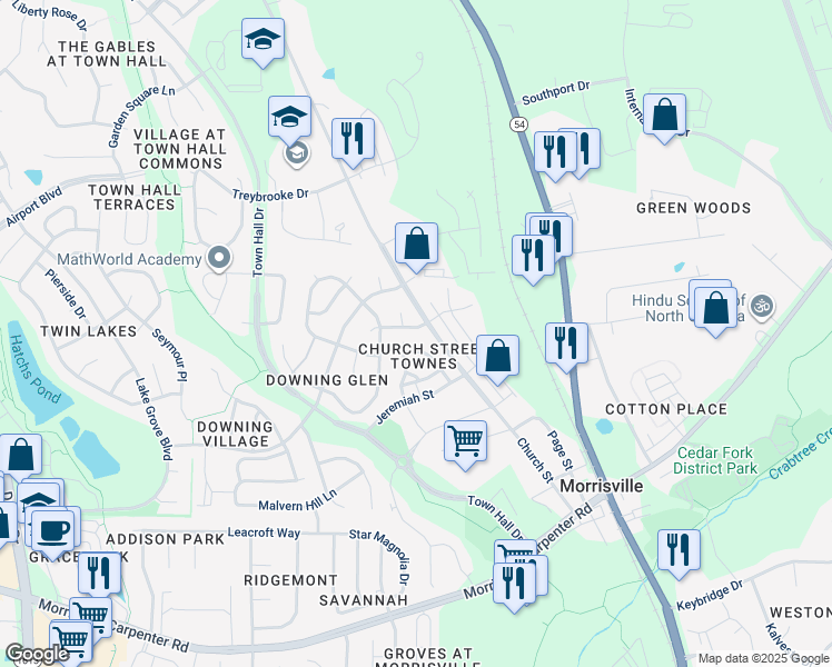 map of restaurants, bars, coffee shops, grocery stores, and more near 109 Taylor Glen Drive in Morrisville