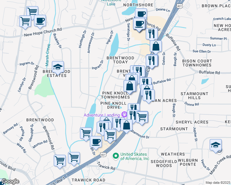 map of restaurants, bars, coffee shops, grocery stores, and more near 3526 Londonville Lane in Raleigh