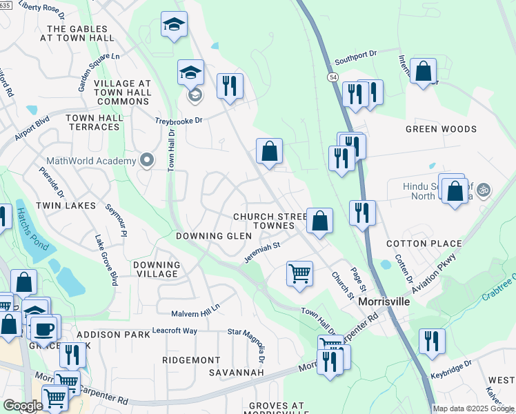 map of restaurants, bars, coffee shops, grocery stores, and more near 201 Taylor Glen Drive in Morrisville
