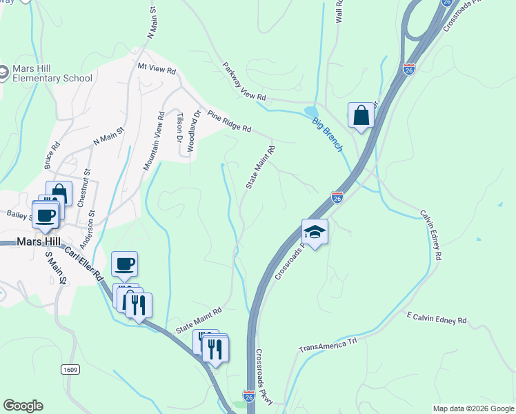 map of restaurants, bars, coffee shops, grocery stores, and more near 675 Roy Edwards Lane in Mars Hill