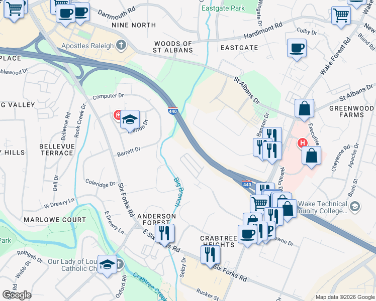map of restaurants, bars, coffee shops, grocery stores, and more near 3113 Stockdale Drive in Raleigh