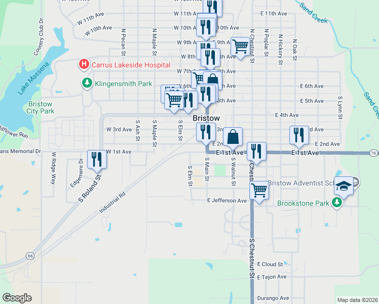 map of restaurants, bars, coffee shops, grocery stores, and more near 500 South Elm Street in Bristow