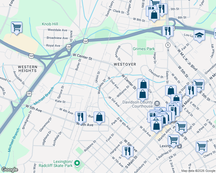 map of restaurants, bars, coffee shops, grocery stores, and more near 701 West 2nd Avenue in Lexington