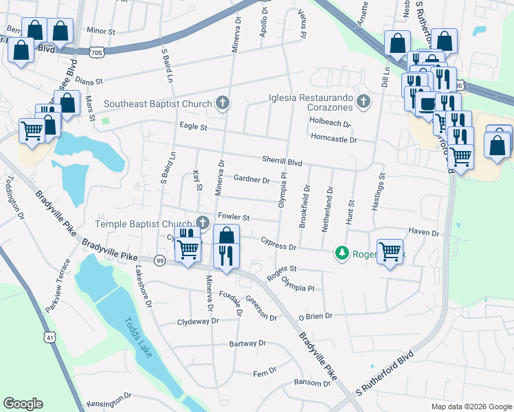 map of restaurants, bars, coffee shops, grocery stores, and more near 1811 Meadowgreen Drive in Murfreesboro