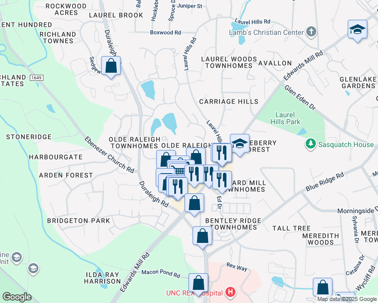 map of restaurants, bars, coffee shops, grocery stores, and more near 3717 City of Oaks Wynd in Raleigh