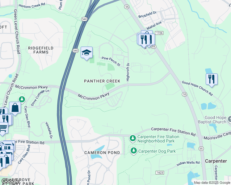 map of restaurants, bars, coffee shops, grocery stores, and more near McCrimmon Parkway in Cary