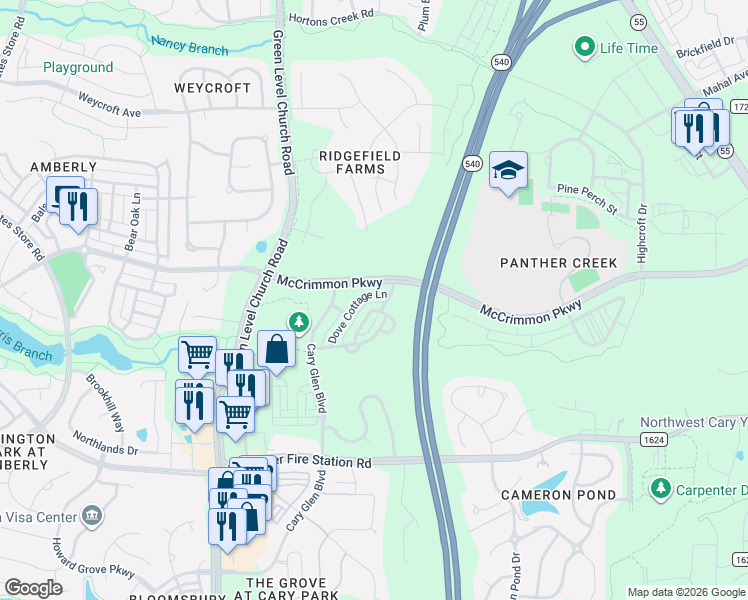 map of restaurants, bars, coffee shops, grocery stores, and more near 317 Dove Cottage Lane in Cary