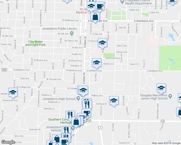 map of restaurants, bars, coffee shops, grocery stores, and more near 208 East Nettleton Avenue in Jonesboro