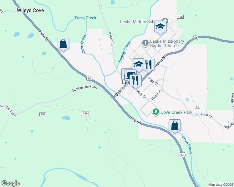 map of restaurants, bars, coffee shops, grocery stores, and more near 101 Oak Street in Leslie