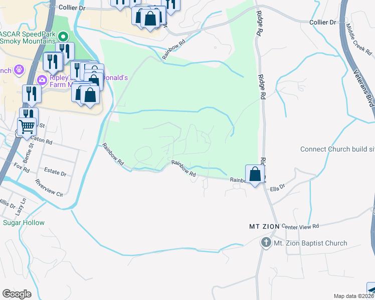 map of restaurants, bars, coffee shops, grocery stores, and more near 1584 Rainbow Ridge Way in Sevierville