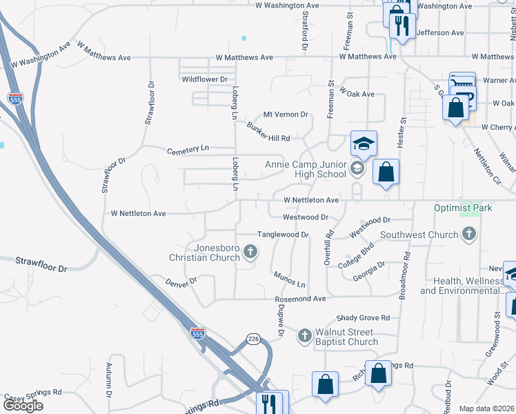 map of restaurants, bars, coffee shops, grocery stores, and more near 2017 West Nettleton Avenue in Jonesboro