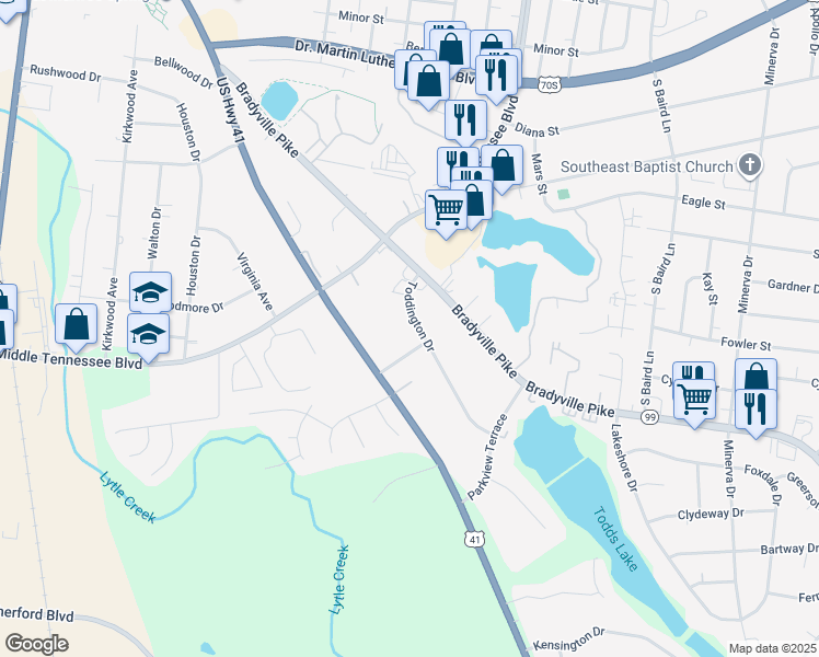 map of restaurants, bars, coffee shops, grocery stores, and more near 1107 Toddington Drive in Murfreesboro