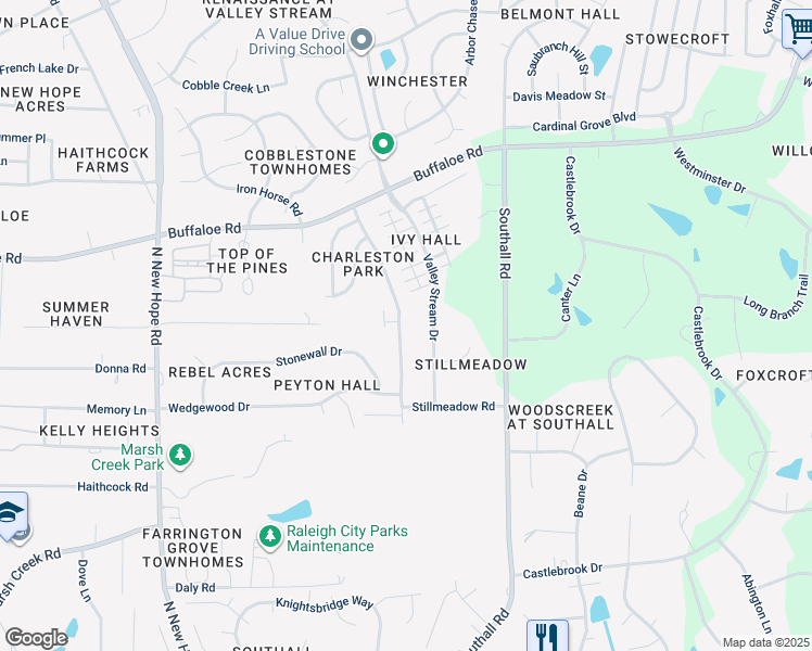map of restaurants, bars, coffee shops, grocery stores, and more near 3760 Charleston Park Drive in Raleigh