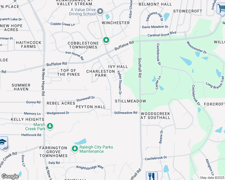 map of restaurants, bars, coffee shops, grocery stores, and more near 3760 Charleston Park Drive in Raleigh