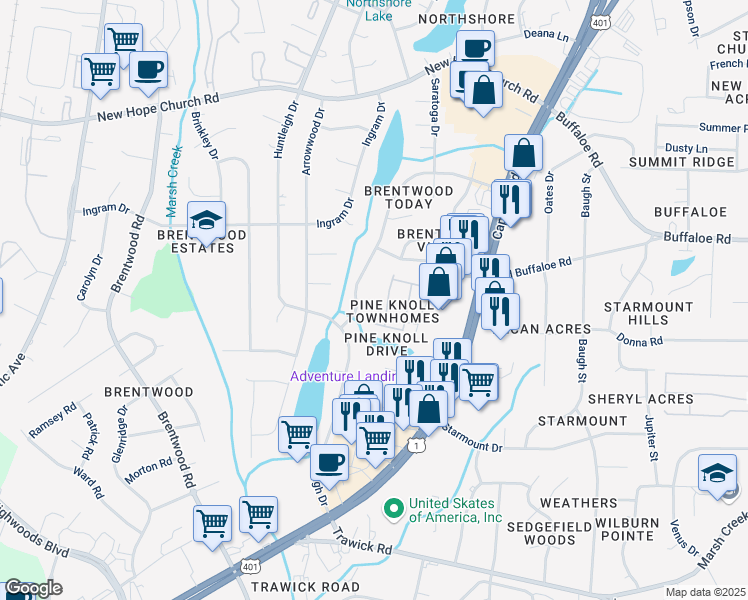 map of restaurants, bars, coffee shops, grocery stores, and more near 3526 Londonville Lane in Raleigh