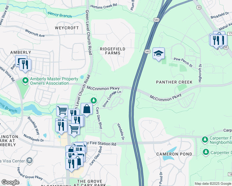 map of restaurants, bars, coffee shops, grocery stores, and more near 308 Dove Cottage Lane in Cary