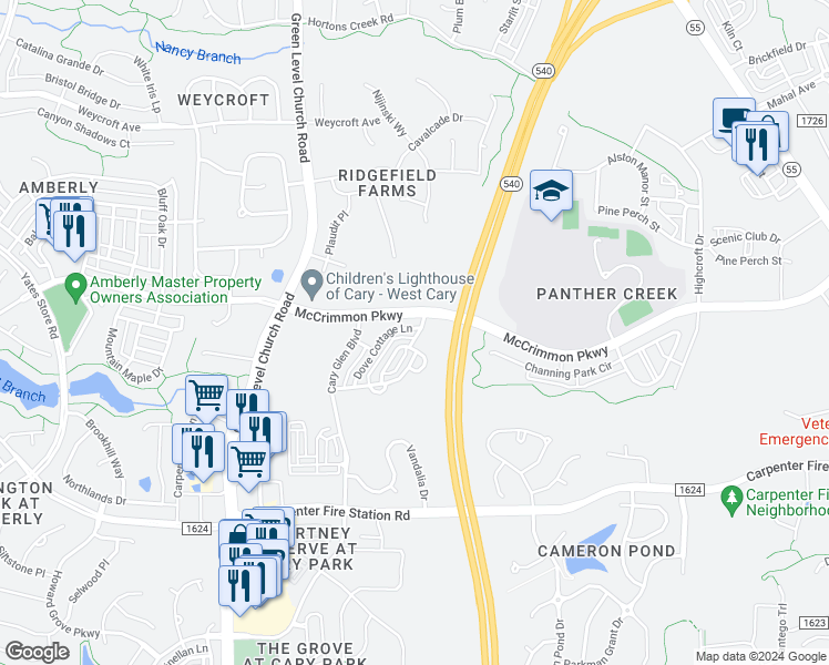 map of restaurants, bars, coffee shops, grocery stores, and more near 330 Dove Cottage Lane in Cary