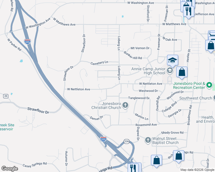 map of restaurants, bars, coffee shops, grocery stores, and more near 2113 Trinity Oaks Drive in Jonesboro