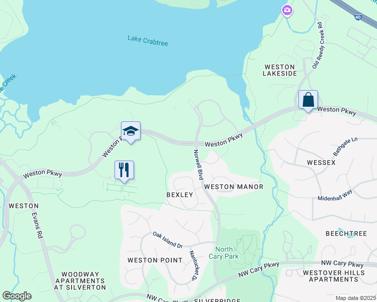map of restaurants, bars, coffee shops, grocery stores, and more near 7001 Weston Parkway in Cary
