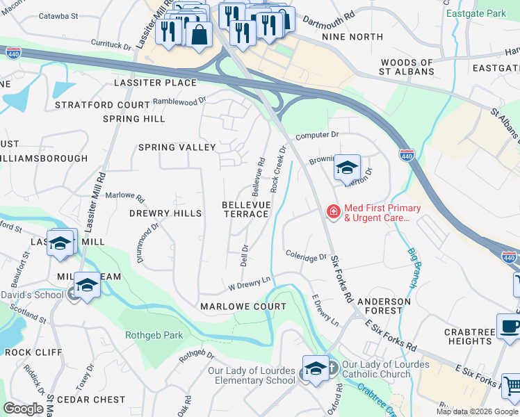 map of restaurants, bars, coffee shops, grocery stores, and more near 3515 Bellevue Road in Raleigh