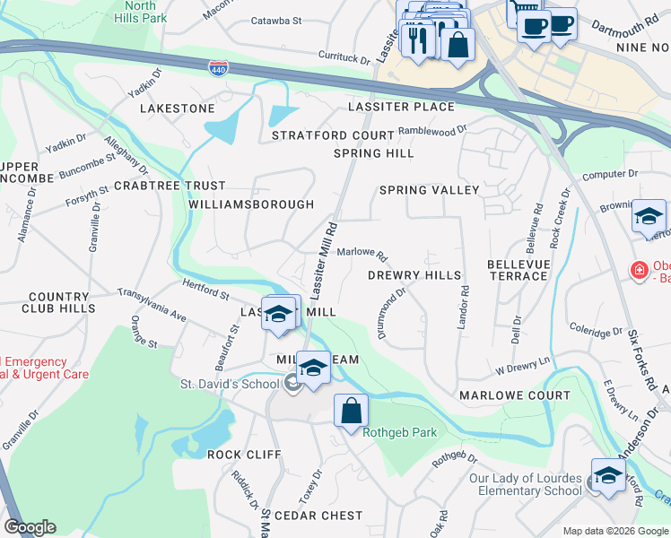 map of restaurants, bars, coffee shops, grocery stores, and more near 711 Marlowe Road in Raleigh