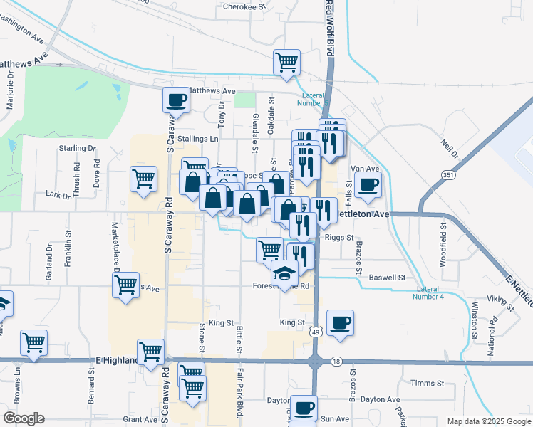 map of restaurants, bars, coffee shops, grocery stores, and more near 2727 Noble Drive in Jonesboro