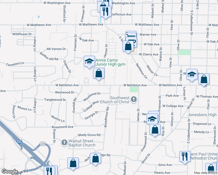 map of restaurants, bars, coffee shops, grocery stores, and more near 1600 County Road 449 in Jonesboro